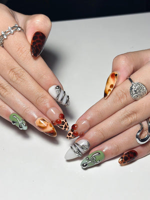 2026 Trend: Biomorphic Amber & Moss Nails | Tortoiseshell Cyber-Grunge Press Ons | Liquid Metal Silver Art | Earth-Tone Future Nails| OB363IC