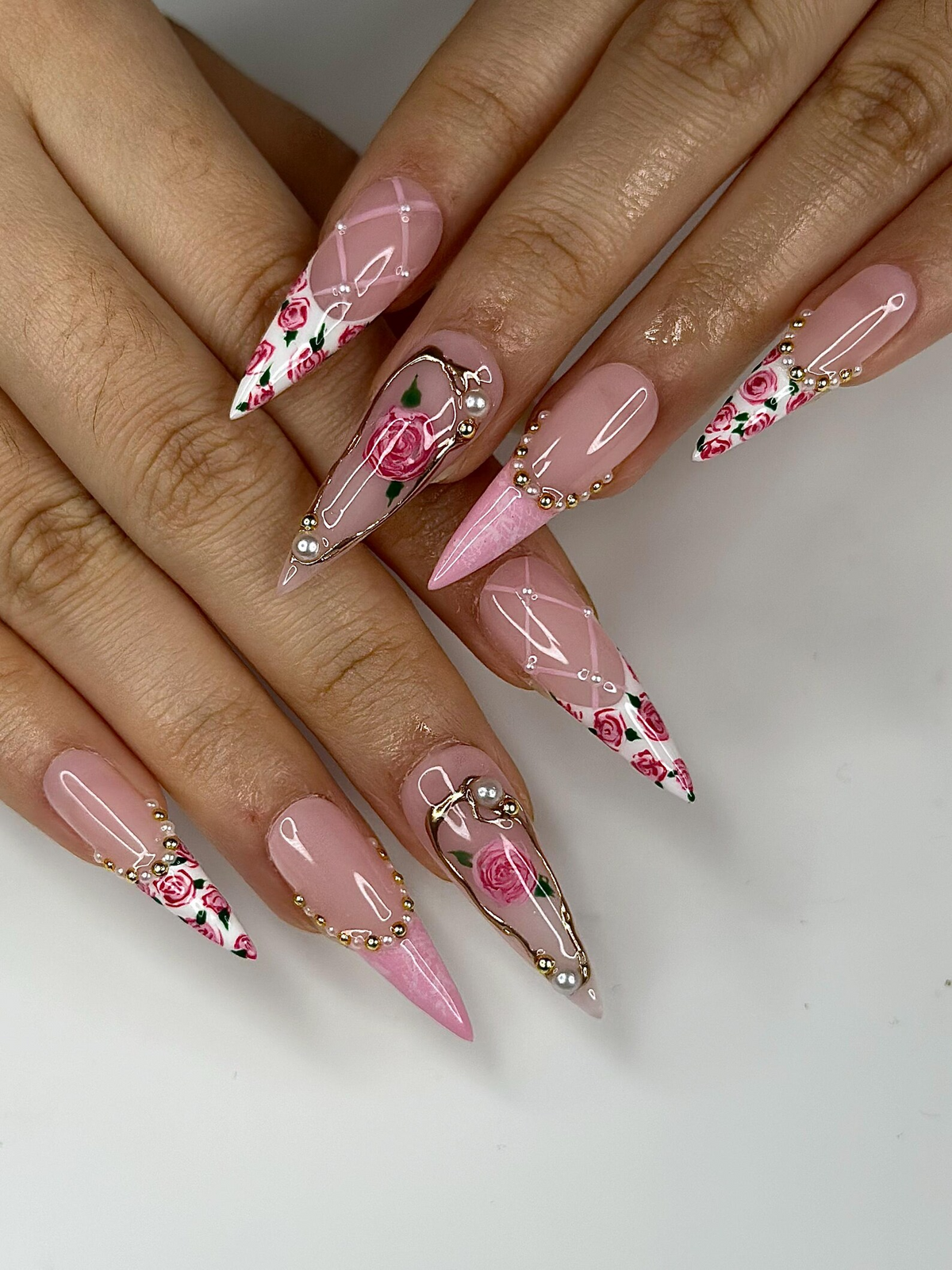 Pink Rose Press On Nails for Bridal | Handmade Rose Flower Nails with Pearls | Elegant Wedding Press Ons | Gold Frame Floral Nails | OB295HC