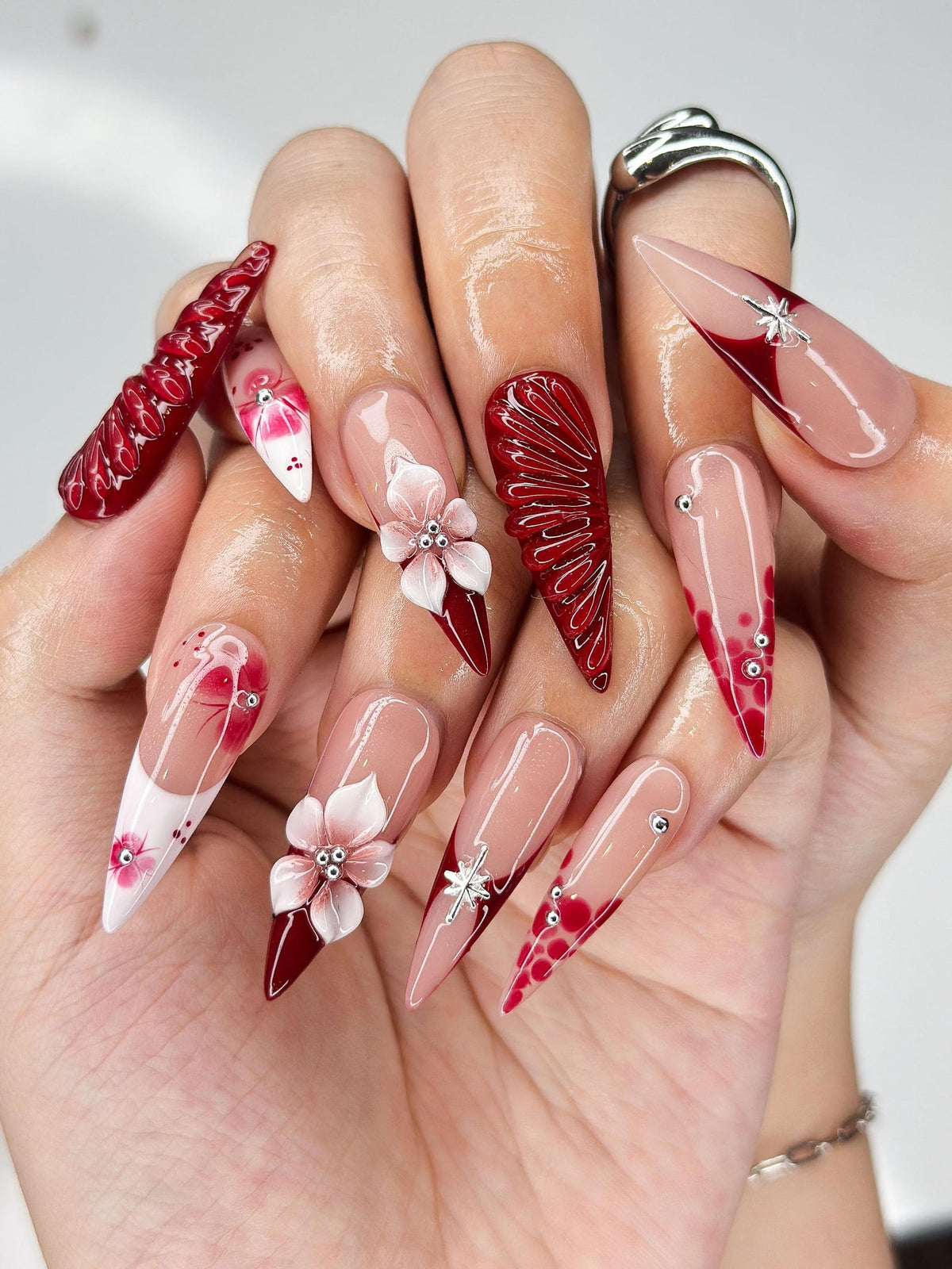 Deep Lily & Crimson Ripple Nails | 3D Floral Dark Red Press Ons | Luxury Moody Romantic Burgundy Stiletto Art | OB370IC