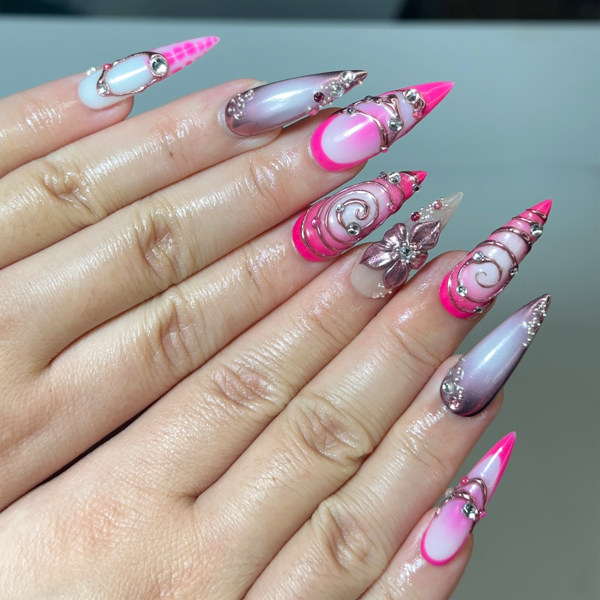 Hot Pink Press On Nails | Luxury Cyber Gyaru Stiletto Nails | 3D Chrome Flower Metallic Fake Nails | Y2K Futuristic Gift | OB406LK