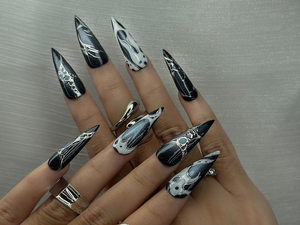 Winter Galaxy Press On Nails | Black & Silver Metallic Nail Art | Space-Inspired Chrome Design | Gothic Celestial Nails | OC1166BK