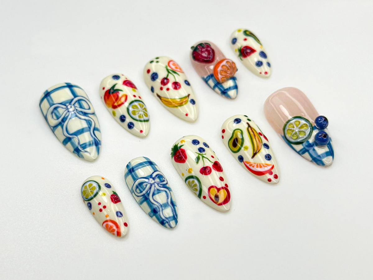Fruit Picnic Press On Nails | Hand-Painted Fruit Nail Art | Summer Citrus Nail Design | Plaid Bow Cute Press Ons | Colorful Nails | OB853HC