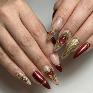 Press On Nails Adhesive Tabs – Nude Burgundy Gold Heart & Rose Chrome Long Stiletto Handmade Fake Nails for Luxury Romantic Look | OB25L