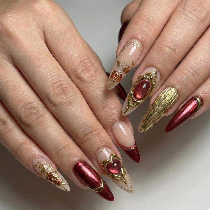 Press On Nails Adhesive Tabs – Nude Burgundy Gold Heart & Rose Chrome Long Stiletto Handmade Fake Nails for Luxury Romantic Look | OB25L