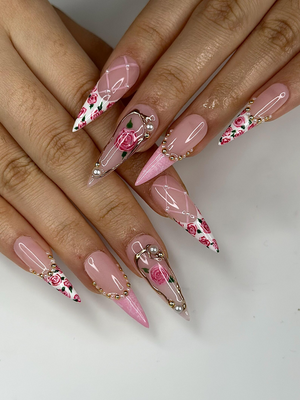 Vintage Rose Stiletto Press On Nails | Pink Rose Bridal Nails for Women | French Tip Floral Nails | Pearl Gold Nail| Romantic Nail |OB1276HC