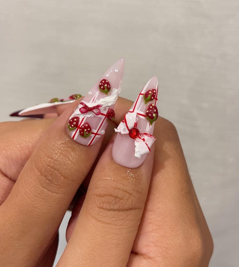 Strawberry  Press On Nails For Christmas  | 3D Strawberry & Whipped Cream Nail Art | Cute Festive Press Ons| Sweet Winter Nail Design| OC226HC
