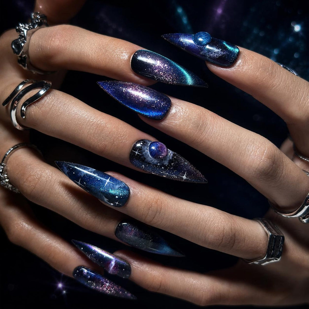 Galaxy Space Press On Nails Long Stiletto • 3D Planet Art • Nebula Milky Way Handpainted Stars • Festival Rave Party • OB1362LG