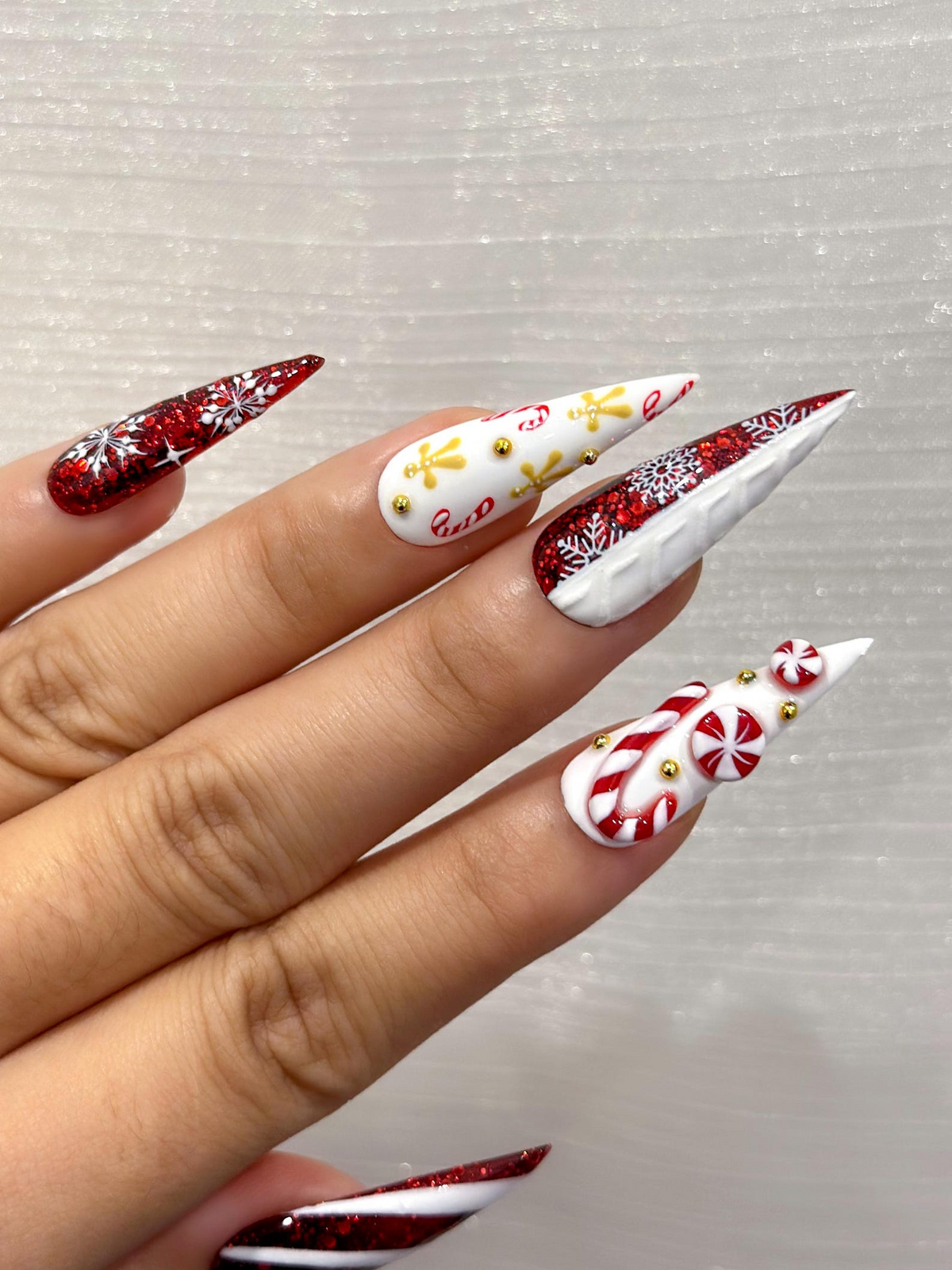 Red Glitter Christmas Press On Nails | Nails | Candy Cane Christmas Nail Art | Holiday Stiletto Nail Art | Luxury Festive Press Ons|OB1210EC
