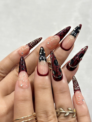 Gothic Ruby Witch Press On Nails | Red Black Sorcery Nail Art | 3D Ring Accents & Mystic Symbols | Luxury Dark Glam Set | OB1202EC