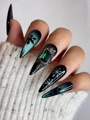 Emerald Snowflake Christmas Press On Nails | Black Green Winter Nails | Luxe Holiday Nail Art | Stiletto Press Ons | Winter Set | OB237HC