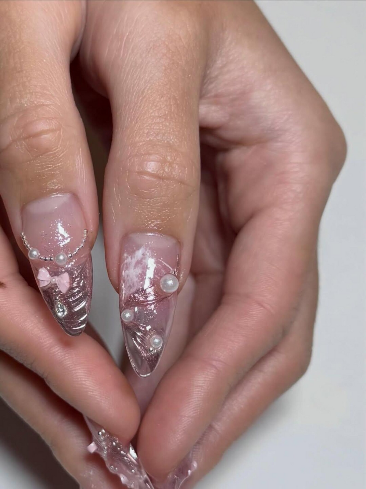 Pink Ballerina Press On Nails for Girls – Soft Blush Ombre Stiletto Nails with Pearls & Ribbons, Handmade Coquette Balletcore Inspired Press On Nail Set, Luxury Princess Nails | OB291HC