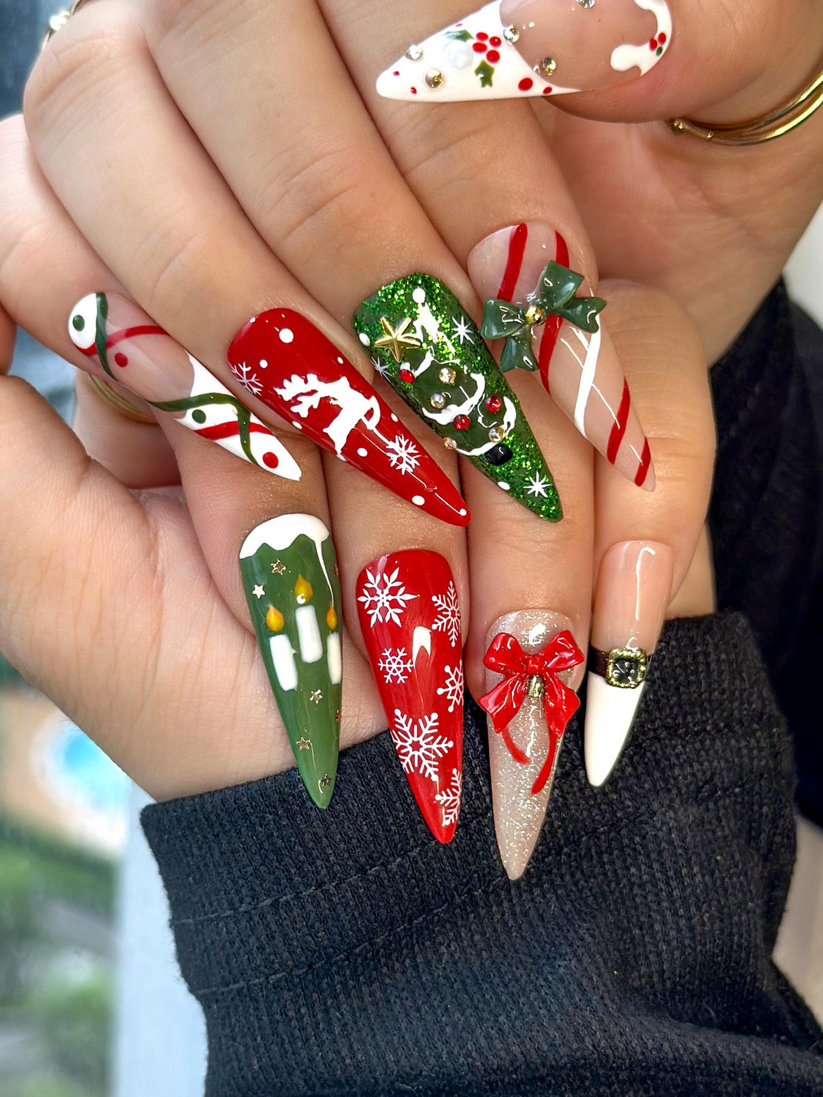Cozy Knit Christmas Press On Nails | Red Green Holiday Nail Art |Festive Tree & Ribbon Design| Candy Cane And Snowflake Design | OB1195EK