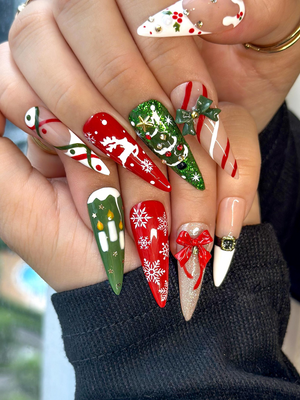 Cozy Knit Christmas Press On Nails | Red Green Holiday Nail Art |Festive Tree & Ribbon Design| Candy Cane And Snowflake Design | OB1195EK