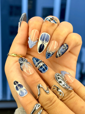 Winter Midnight Spark Press On Nails | Blue Chrome Nail Art | Silver Star 3D Nails | Elegant Winter Press Ons | OB214EC