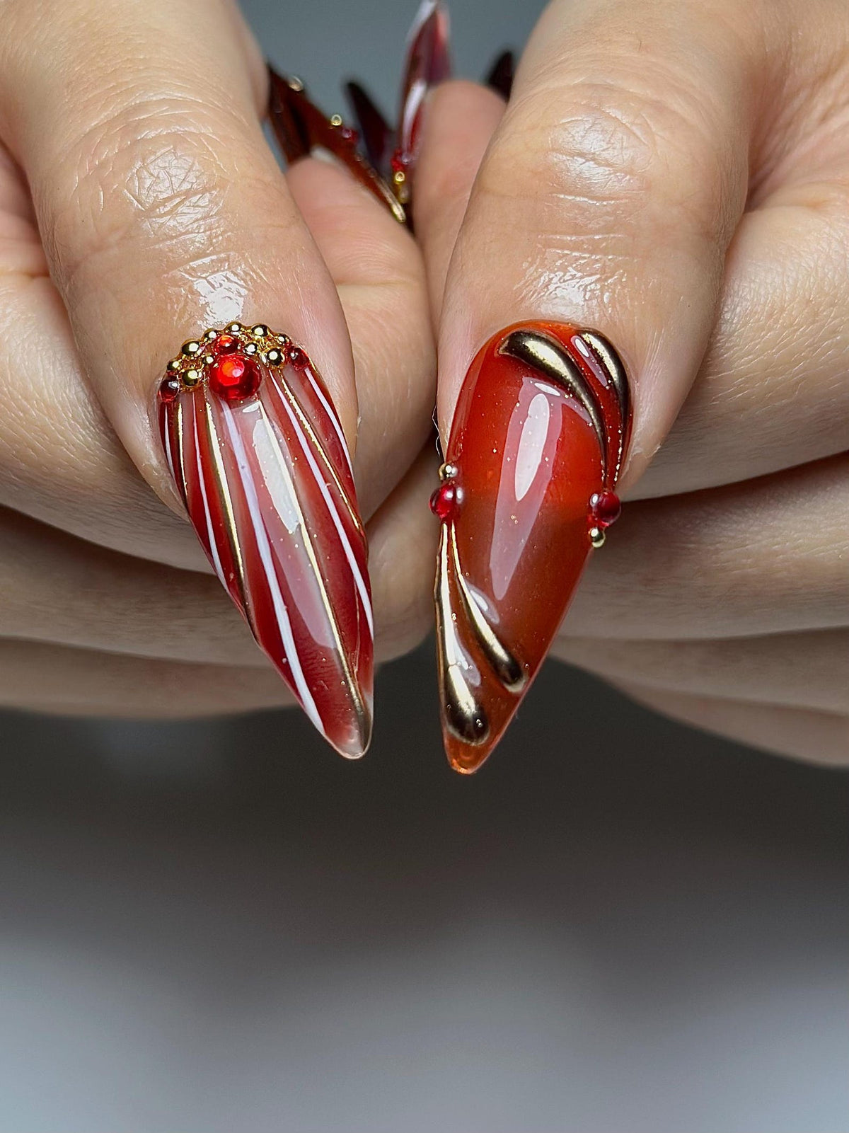 Chrome Glam Press On Nails | Red Green Gold Luxury Nails | Festive Glitter Stiletto Nails | Handmade Elegant Press Ons | OC1047HC
