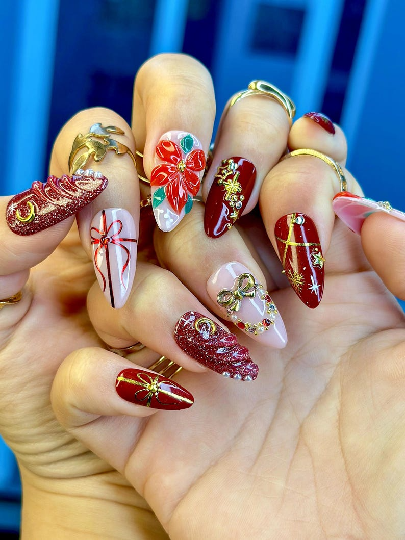 Floral Christmas Press On Nails | Red Gift Bow Nails | Luxury Winter Nail Art | Red Gold Holiday Nail Set | OB213EK