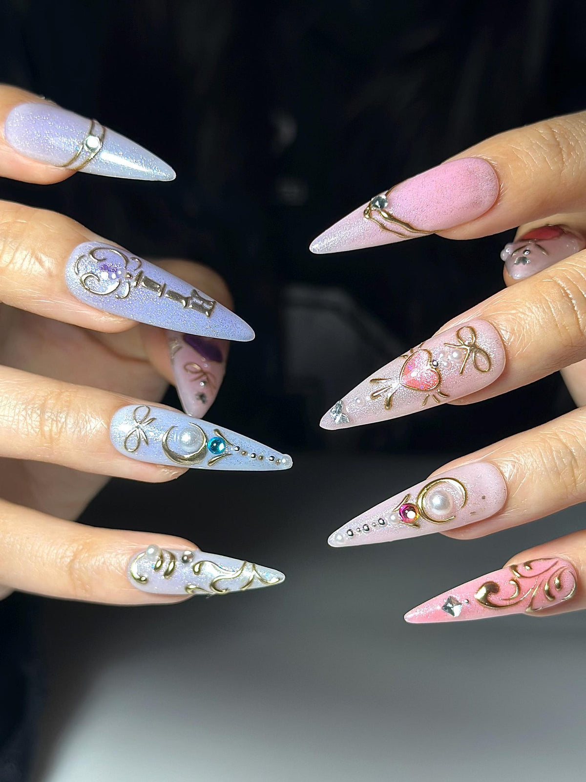 Pastel Cat Eye Press On Nails | Pink Purple Ombre Nails | Cute Heart Bow Nail Art | Elegant Gold Detail Nails| Fairycore Press Ons| OC1307HC