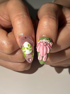 Bunny Garden Press On Nails | 3D Easter Rabbit Nails | Cute Pastel Floral Nails | Kawaii Green Pink Nails | Handmade Press Ons | OB1031HC