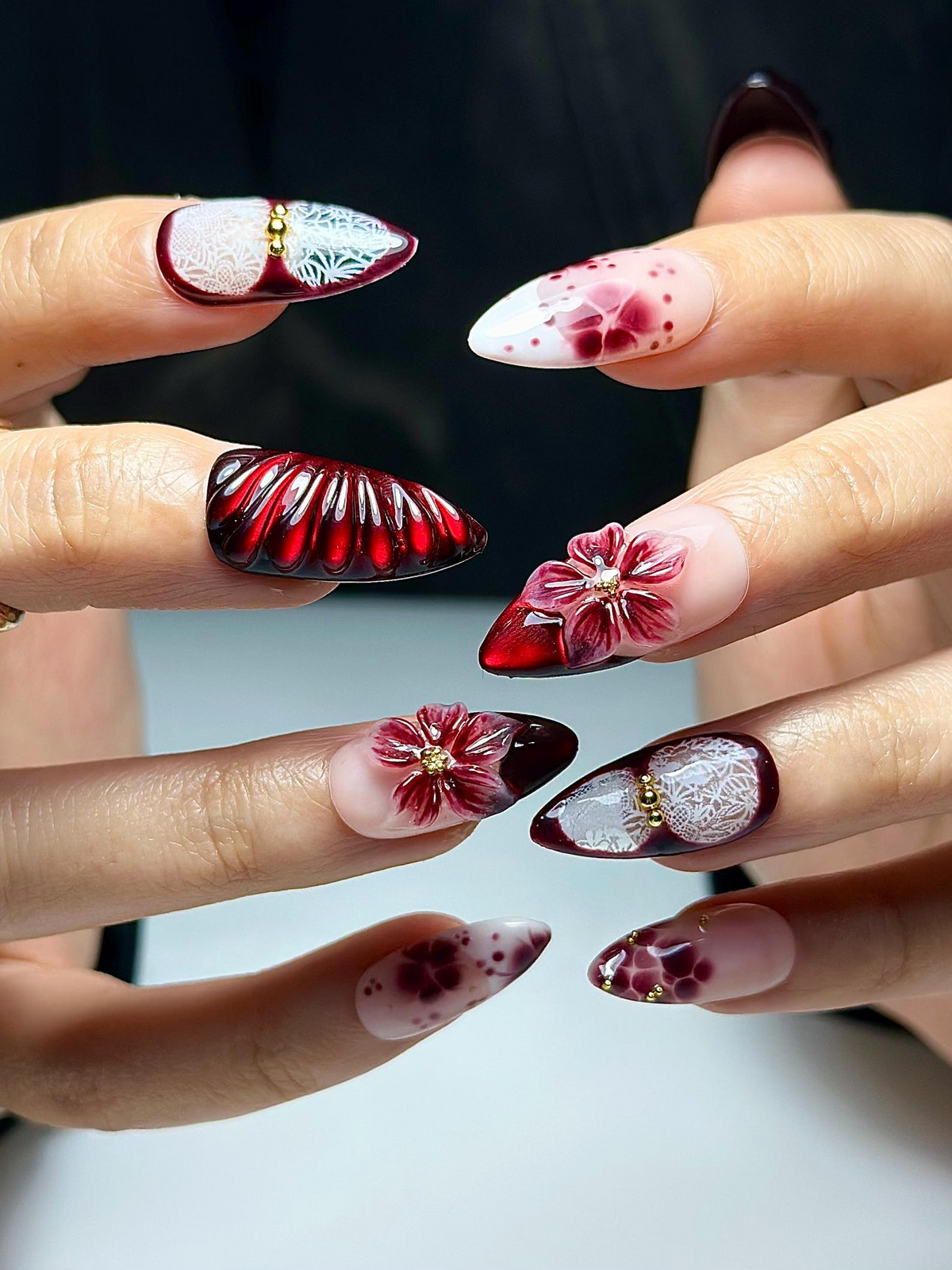 Burgundy Red Floral Press On Nails | 3D Wine Flower Nails | Dark Romantic Nail Art | Elegant Gradient Nails | Luxury Press Ons | OB324HK