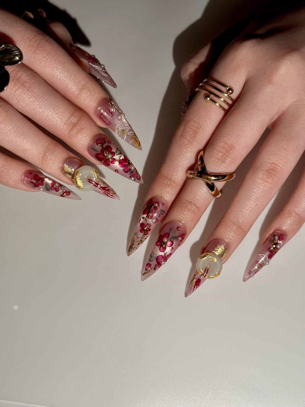 Handmade Cherry Blossom Press On Nails, Asian Inspired Luxury 3D Jade and Gold Leaf Nails, Elegant New Year Luxury Fake Nails, OB1021HC