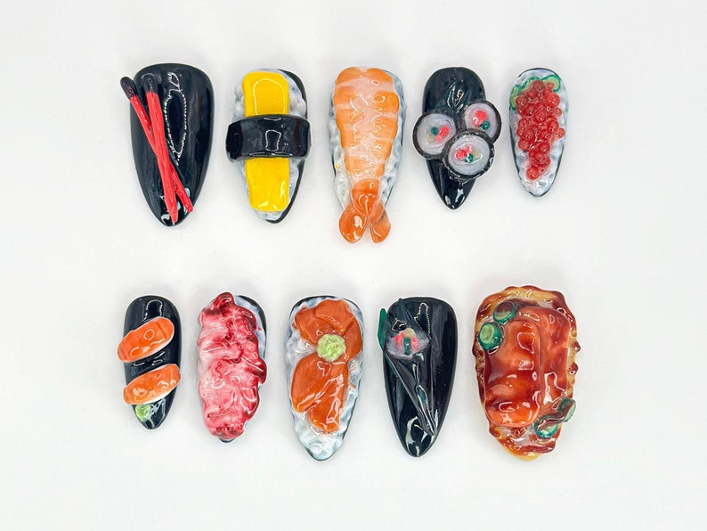 3D Japanese Sushi Press-On Nails | Sushi Nails with 3D Rolls and Nigiri Designs | Japanese Food Nail Art | Fun and Unique Design | OA647HC