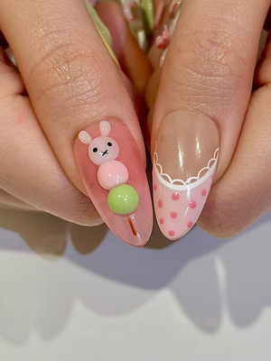Kawaii Bunny Easter Press On Nails, Pastel Green and Pink Plaid Nails, Colorful Pastel Gingham Fake Nails For Cute Lover, OB1291H