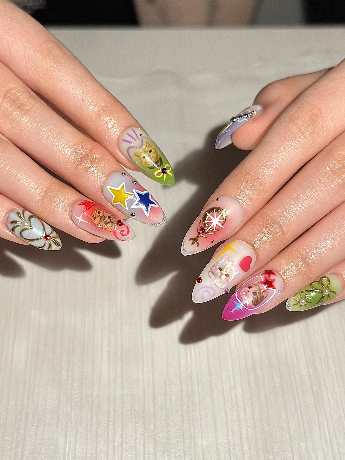 Kawaii Cat Press On Nails | Y2K Cute Kitty Nails | Colorful Nails | Harajuku Pop Nail Art | Handmade Cute Press Ons | OB313HC