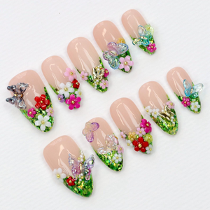 Green Glitter Press On Nails | Handcrafted Freestyle Forest-Inspired Secret Garden Nails | Custom 3D Butterfly Floral Fake Nails Art | Y2K Gifts OB906L