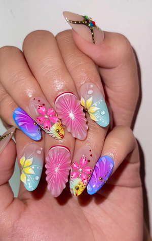 Tropical Bloom Press On Nails | 3D Flower Summer Nails | Colorful Citrus Slice Nails | Hand Painted Floral Nails | Vacation Nails | OB319H