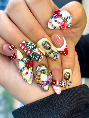 Merry Knit Christmas Press On Nails | 3D Bow Christmas Nail Art | Green Red Holiday Press Ons | Festive Handmade Set | OB220EC