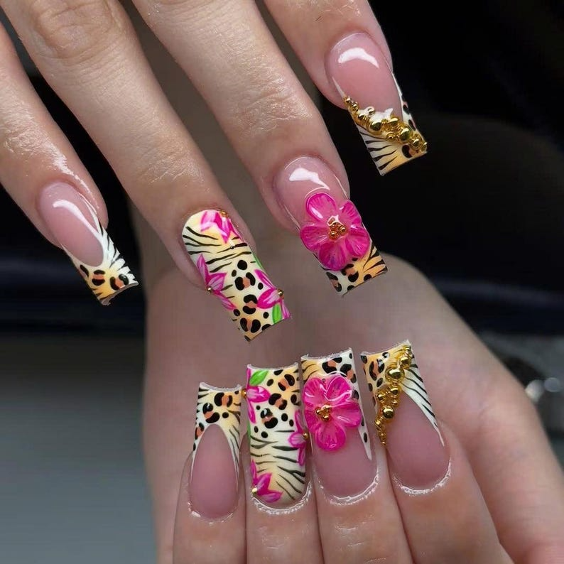 Leopard Floral Press On Nails | Pink Flower Cheetah French Tips Nail Art | Safari Press Ons | Animal Print Fake nails | Wild Animal |OB943YK