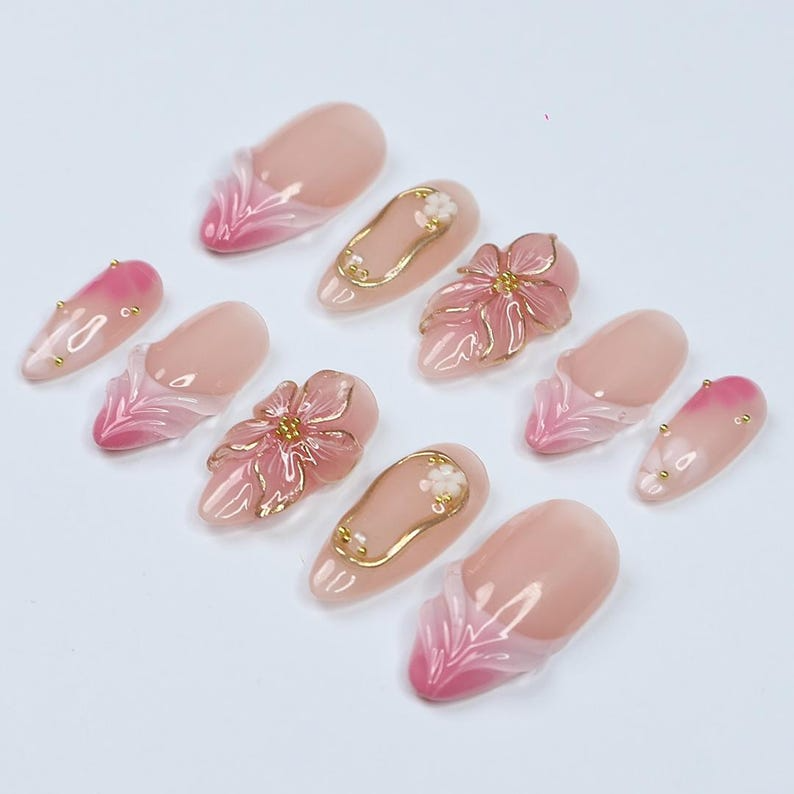 Blush Bloom Elegance Press On Nails with 3D Floral Accents| Gold Details & Pink Ombre| Suitable for Wedding| Events or Gift for Her OC828LK