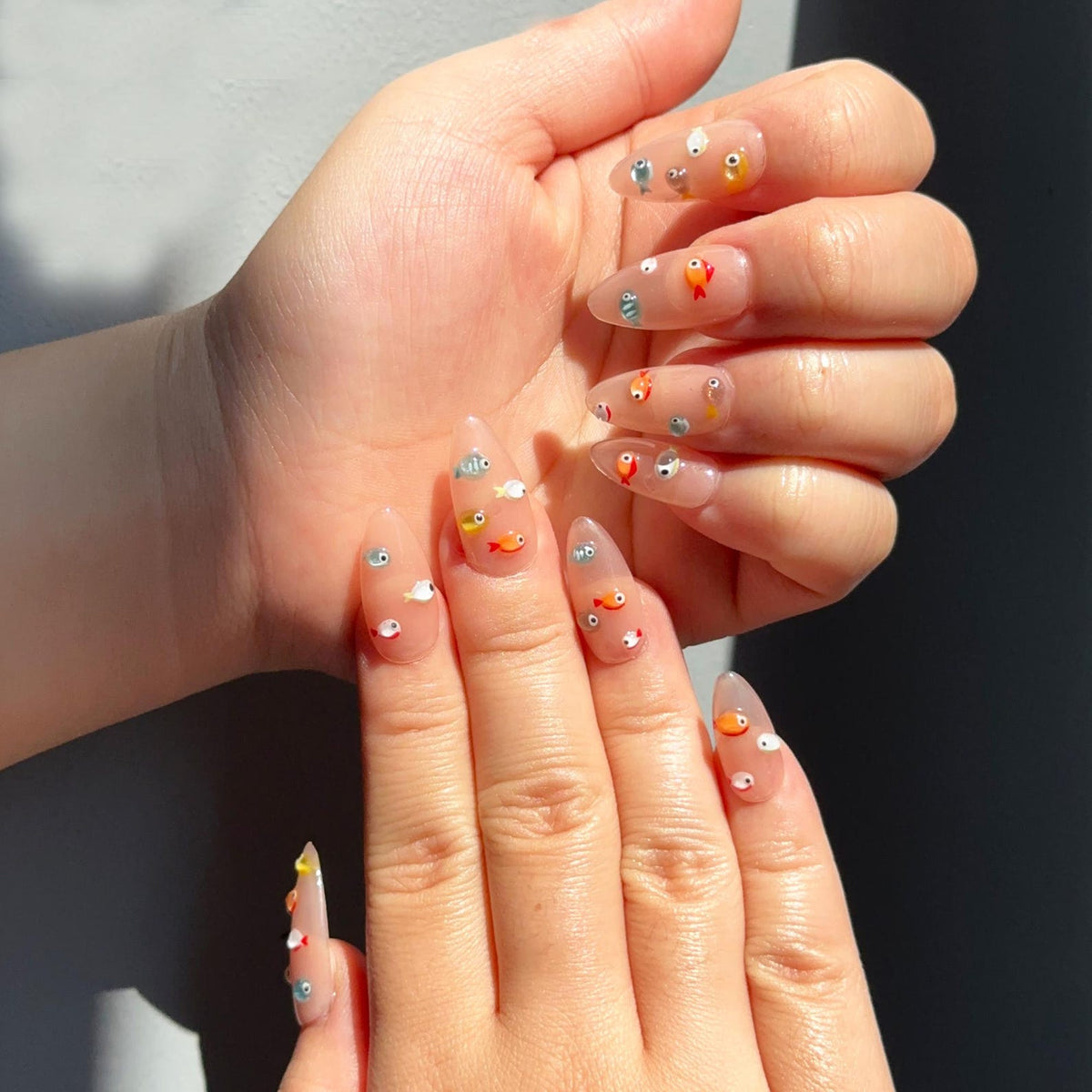 3D Fish Press On Nails | Cute Aquarium Almond Nails | Handpainted Ocean Jelly Fake Nails | Summer Beach Vacation Reusable Nails Gift|OB400LK