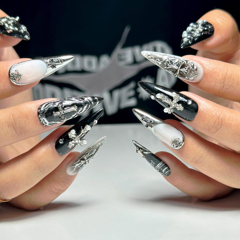 Black Gothic Press On Nails | Dark Alternative Nail Art | 3D Cross Nail Art with Pearls | Punk Fake Nails | Punk Rock Press Ons | OC194YP