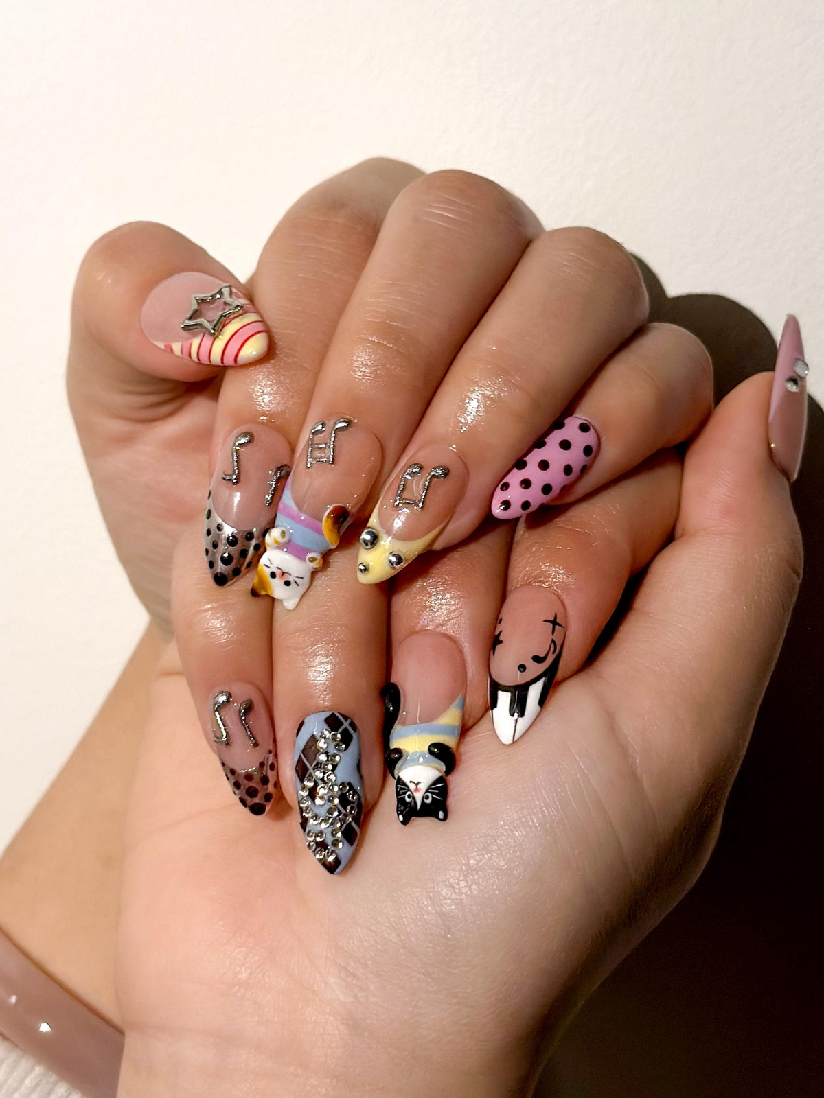 Polka Dot Cat Melody Press On Nails | Cute Cat Nail Art for Music Lover | Polka Dot Nude Nails | Luxury Cute Nails | OC294EC