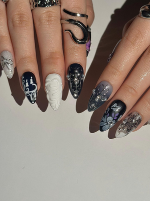 Gothic Violet Chrome Press On Nails | Black Silver Luxury Nails | 3D Baroque Floral Nails | Dark Elegant Nails | OC310HC