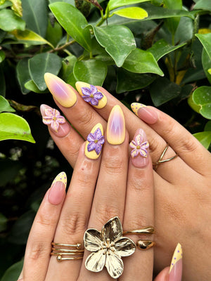 Pastel Sunset Bloom Press On Nails | 3D Purple Flower Nails | Yellow Ombre Nails | Soft Floral Nail Art | Elegant Almond Nails | OB848NC