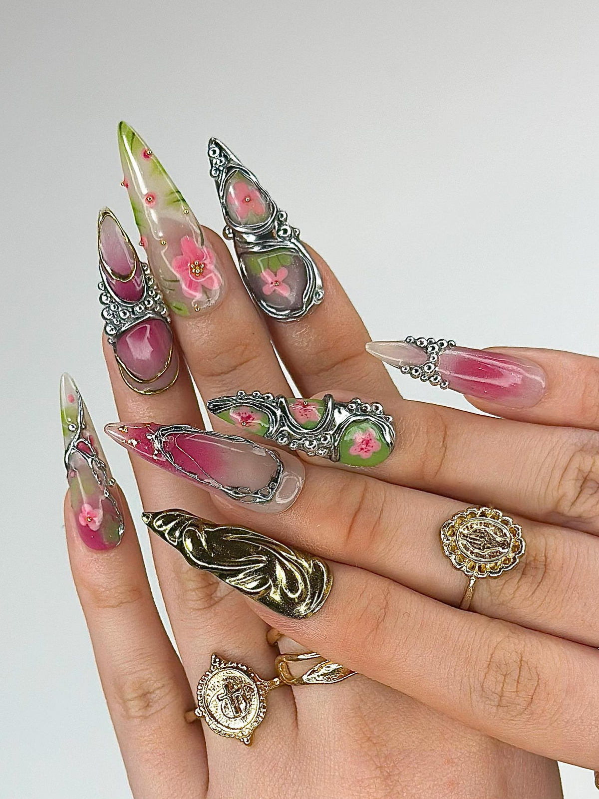 3D Luxury Floral Press On Nails | Flower Gold Chrome Nails | Handmade Statement Nail Art | Elegant Long Press Ons | OB997GK