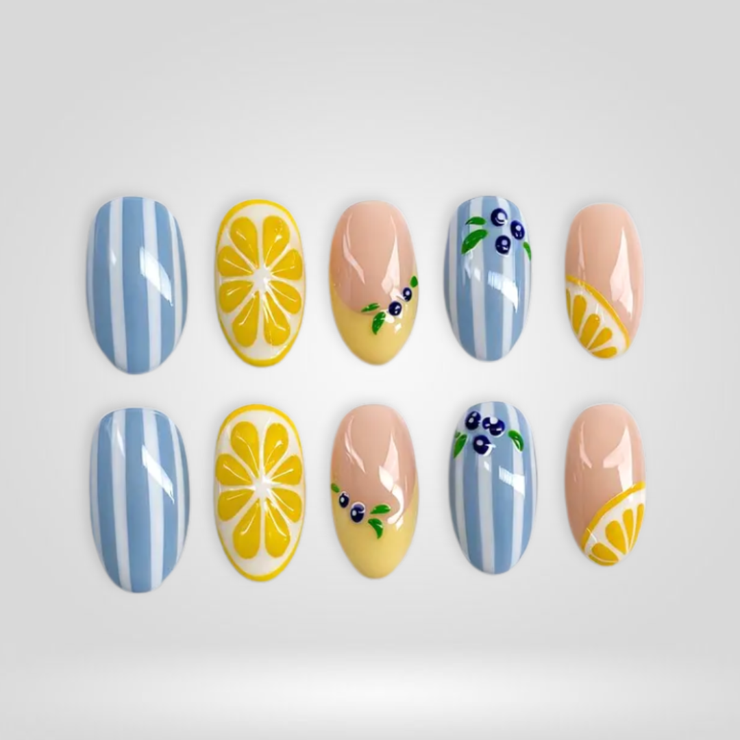 Lemon Breeze Blue Stripe Press-On Nails - Aninail