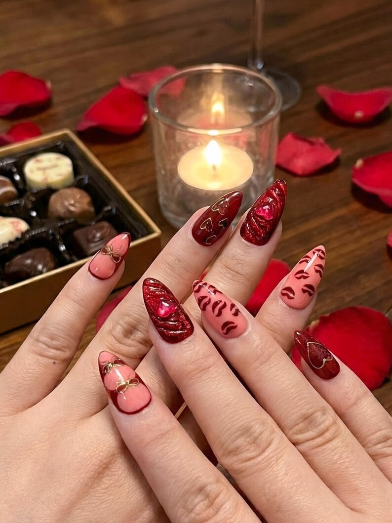Ruby Kiss Valentine Press On Nails | 3D Heart Valentine Long Nails | Red Pink Ribbon Nail Art | Luxury Love Statement Set | OB273EC