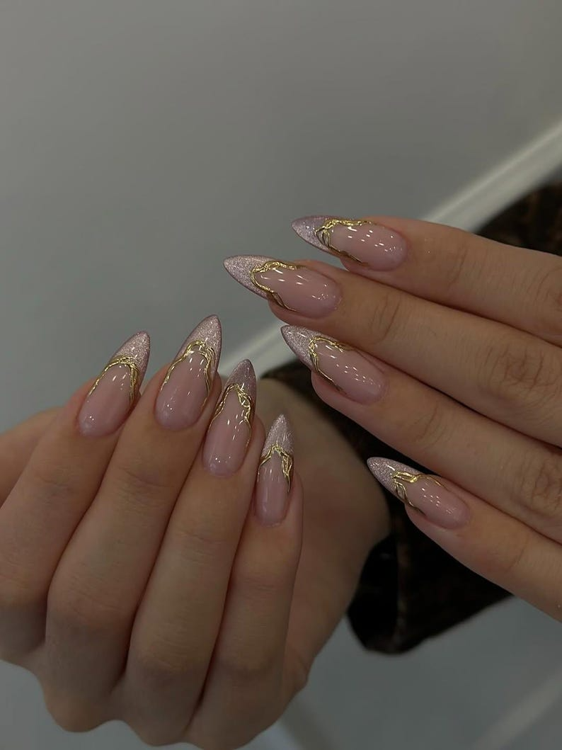 Rose Gold French Press On Nails | Nude Pink Luxury Nails | Gold Chain French Tips | Elegant Minimal Nail Art | Chic Press Ons| OC261HC