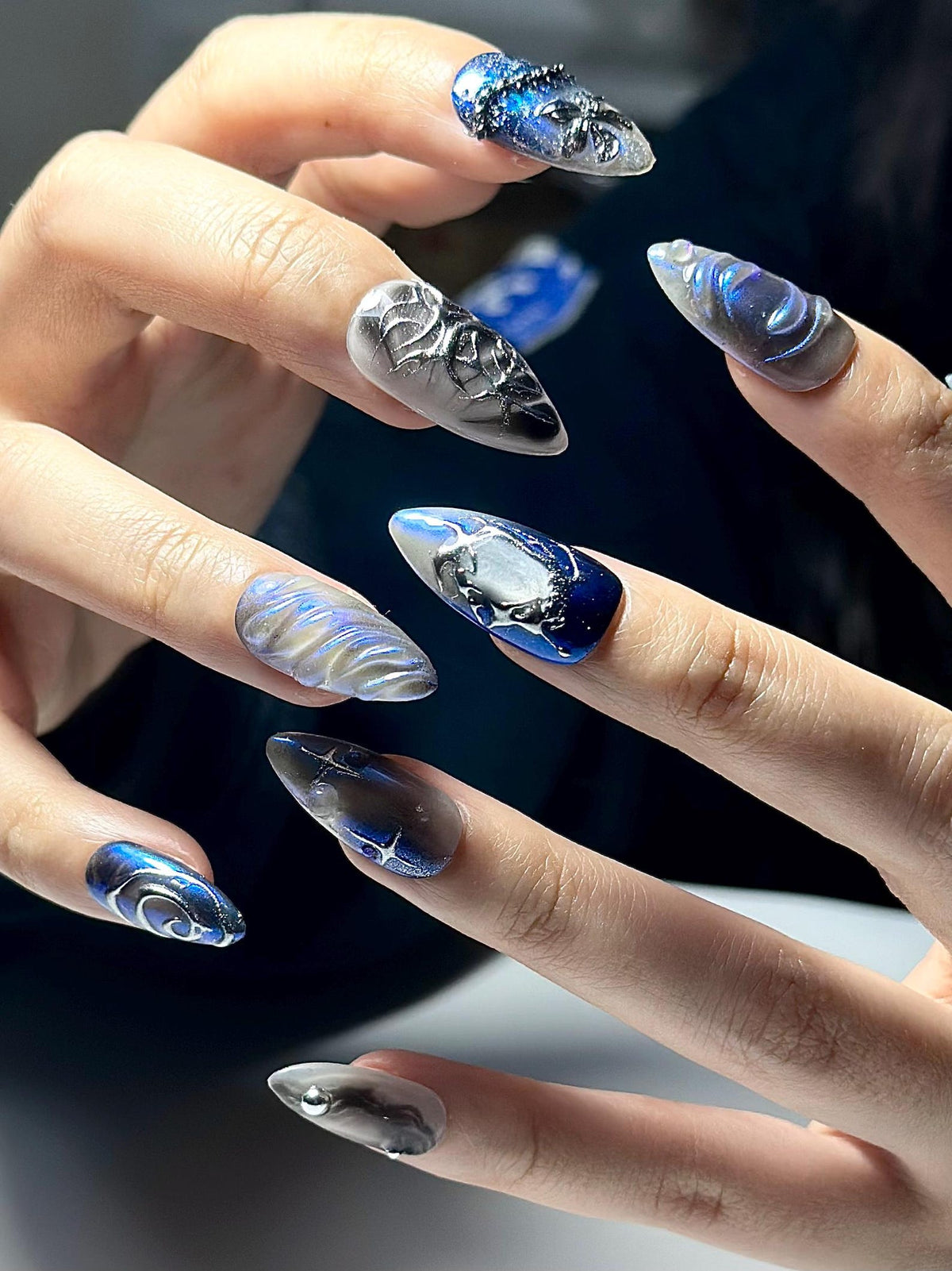Galaxy Gothic Press On Nails | Dark Blue Chrome Cat Eye Nails | Celestial Star Night Nail Art | Handmade Cosmic Gel Nails | OB328IC