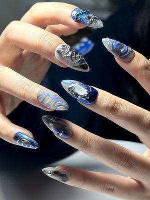 Galaxy Gothic Press On Nails | Dark Blue Chrome Cat Eye Nails | Celestial Star Night Nail Art | Handmade Cosmic Gel Nails | OB328IC