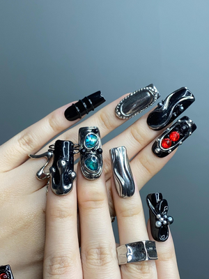 Gothic Black Press On Nails | Dark Silver Nail Art with Red Stones | Handmade Luxury Nails | Statement Gift for Her | OB1255GC