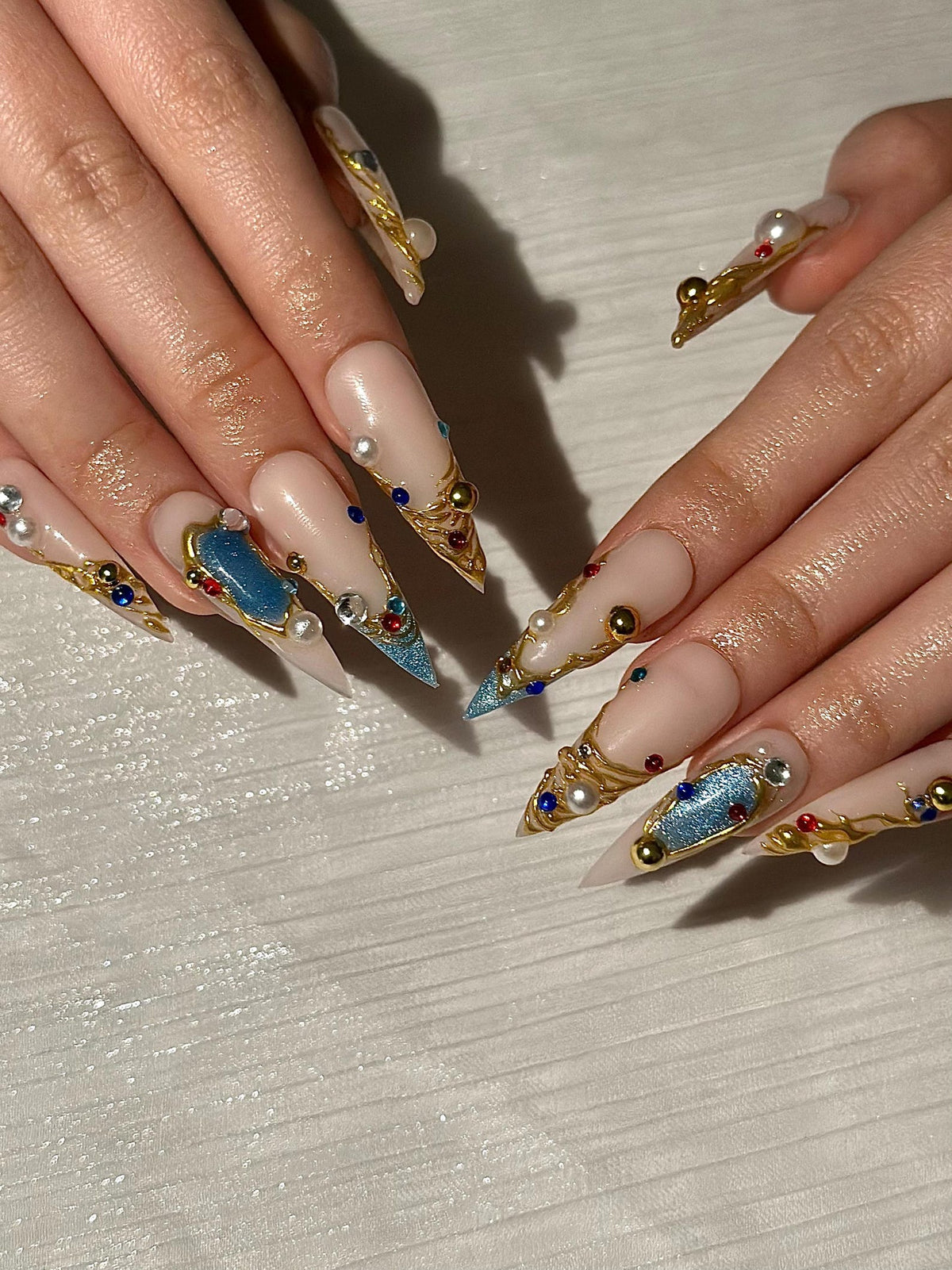 Luxury 3D Jewelry Press On Nails, Gold Filigree and Blue Gemstone False Nails, Royal Core Stiletto Nails for Gala or Wedding | OB1022HC