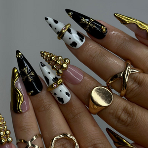 Gothic Cow Glam Press On Nails | Black & White Cow Print Stiletto Nails | Gold 3D Metal Accents | Spider Charm Nail Art | OB1058YK