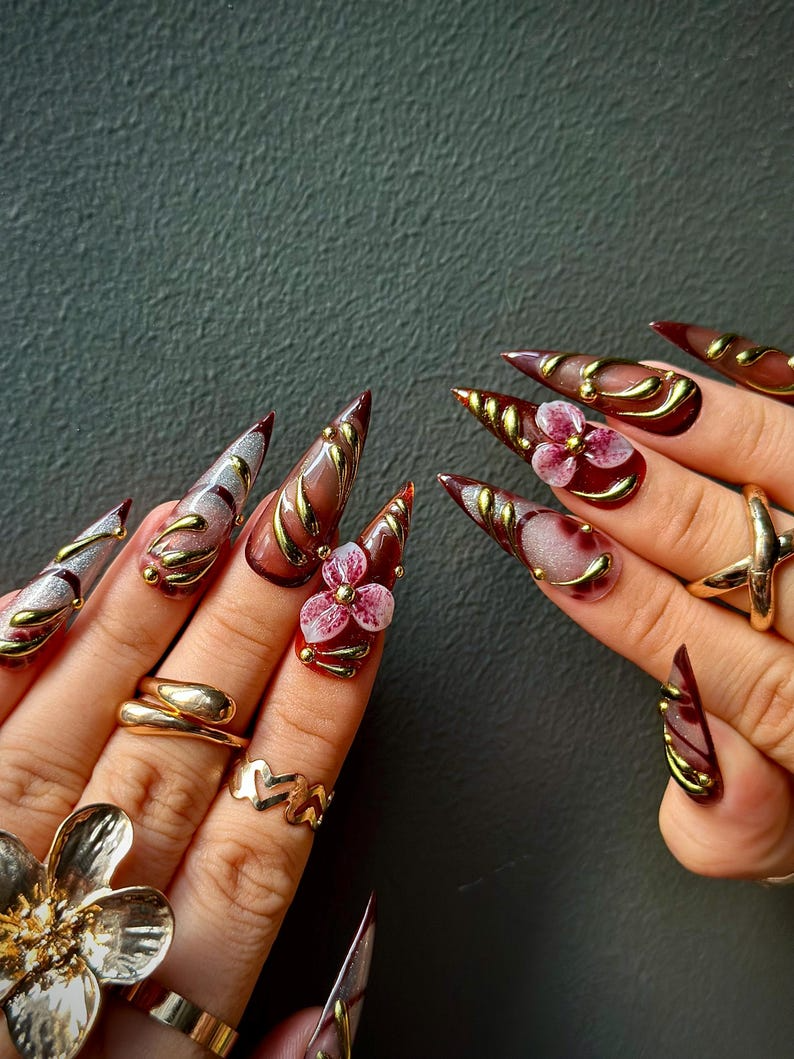 Fall Orchid Press On Nails | Burgundy Floral Nail Art | Luxury Handmade Long Nails | Stiletto Nail Design | Autumn Nail Collection | OB169HK