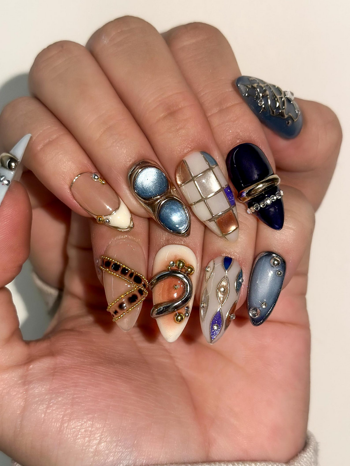 Luxury Blue Silver Press On Nails | Nude Gilded Ring Nail Art | Nude & Steel Statement Nails | High Fashion Almond Nails | OB1023EC