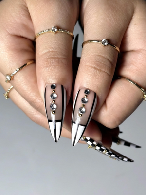 Black & White Gothic Press On Nails | Luxury Girl Stiletto Nail Art | Gold Accent Checker Nails | High Fashion Press Ons | OB1264EC