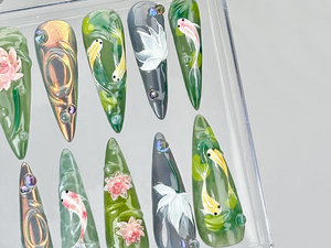 Koi Fish Nail Art by DoryNails | Japanese Pond Acrylic Nails | Water Garden Nail Art | Zen Inspired Fake Nails | Nature Aesthetic | OB808YK